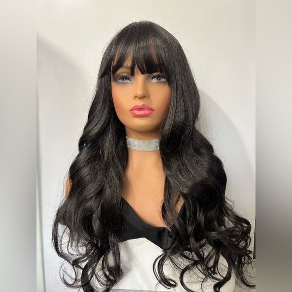 26 Inch Long Wave Curly Black Wig with Bangs density 200% - Picture 1 of 10